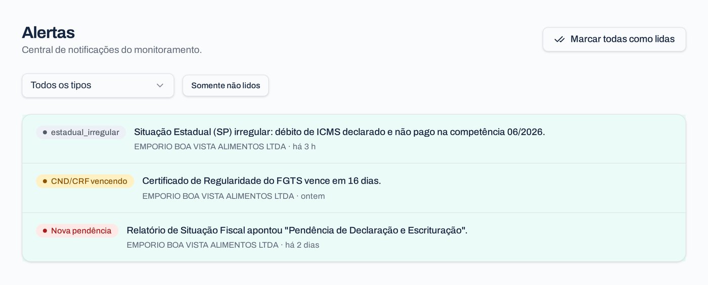 Tela de alertas com avisos de vencimento e pendência