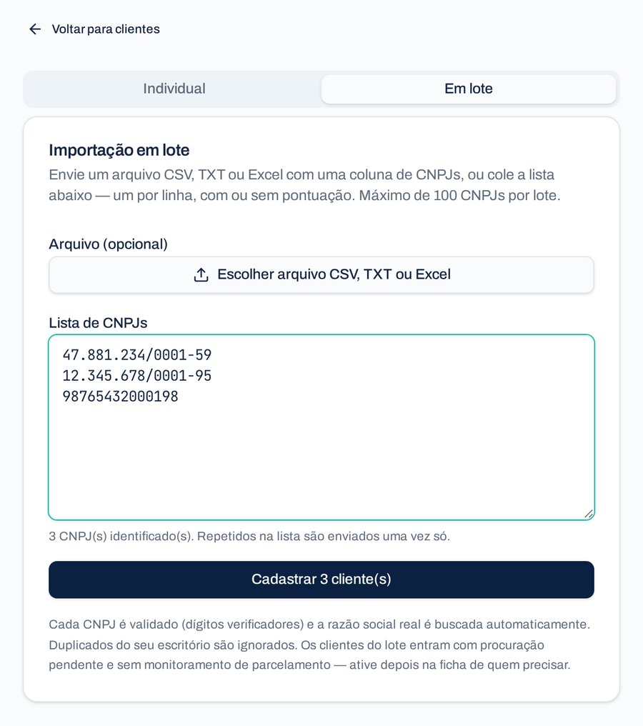 Cadastro em lote de CNPJs por lista ou planilha